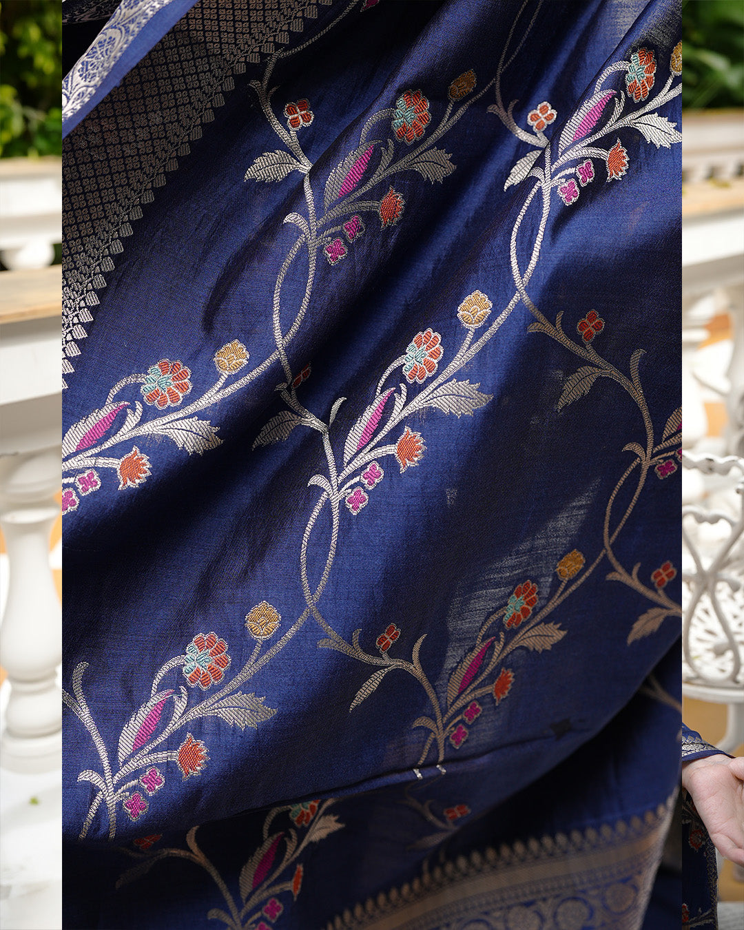 Blue Pure Banarasi Saree with Intricate Multicolored Floral Vine Weaves