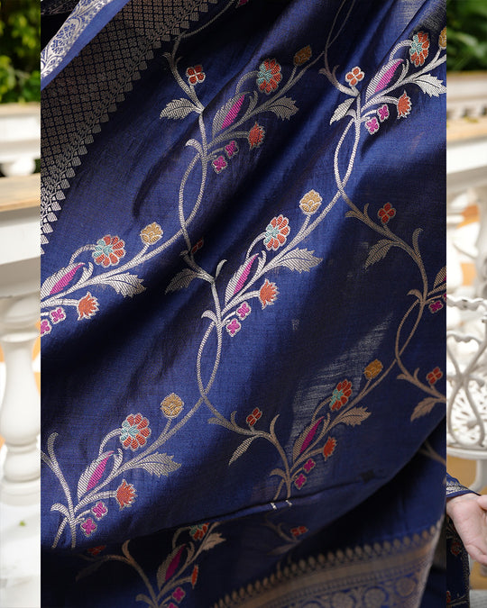 Blue Pure Banarasi Saree with Intricate Multicolored Floral Vine Weaves