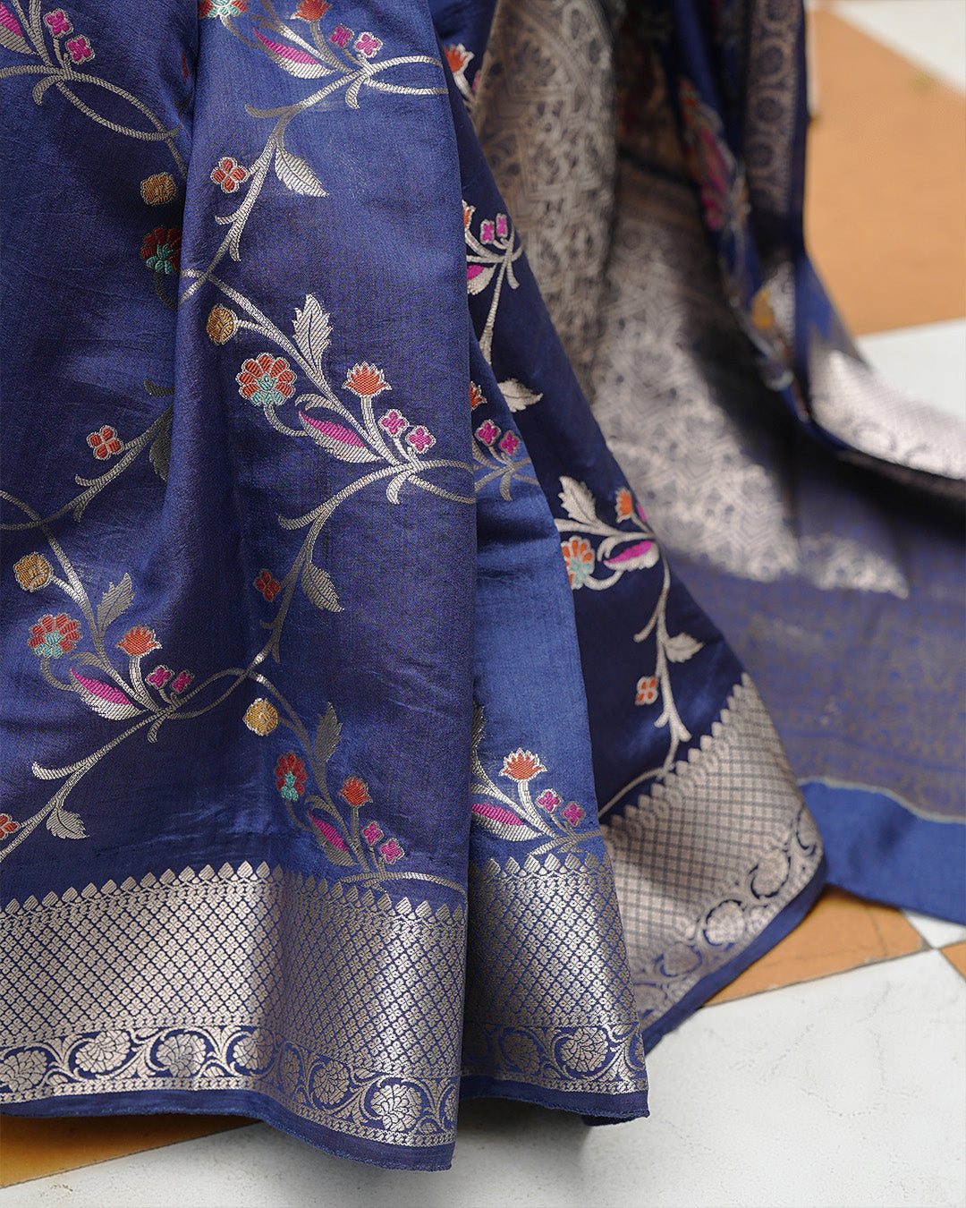 Blue Pure Banarasi Saree with Intricate Multicolored Floral Vine Weaves