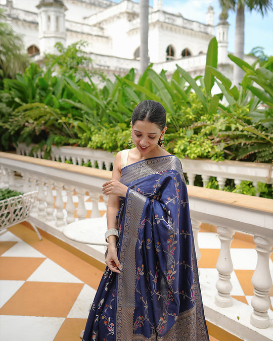 Blue Pure Banarasi Saree with Intricate Multicolored Floral Vine Weaves