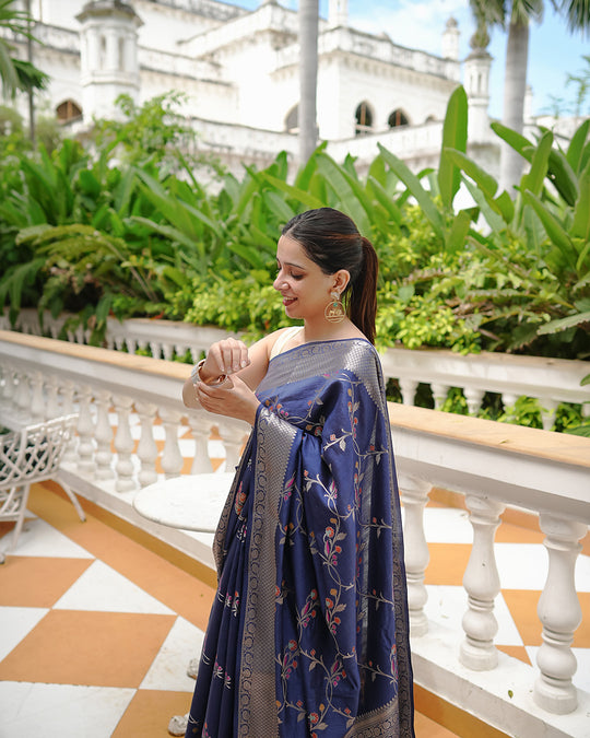 Blue Pure Banarasi Saree with Intricate Multicolored Floral Vine Weaves