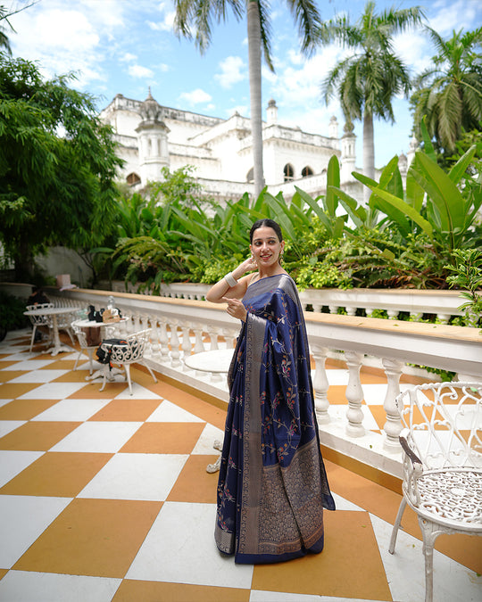 Blue Pure Banarasi Saree with Intricate Multicolored Floral Vine Weaves