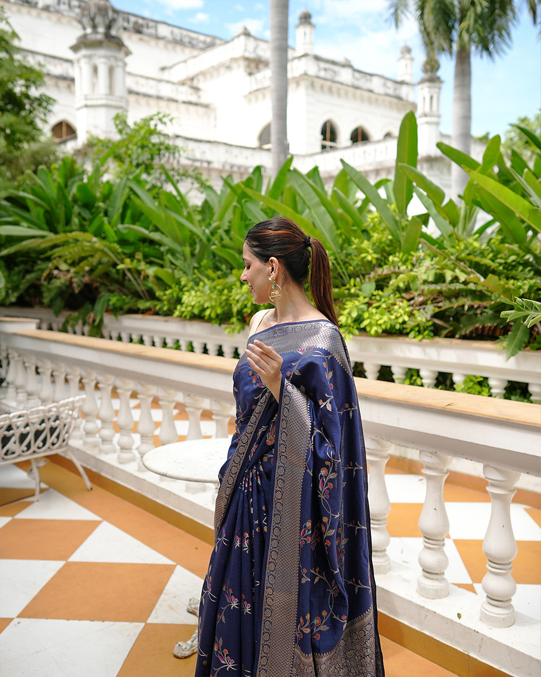 Blue Pure Banarasi Saree with Intricate Multicolored Floral Vine Weaves