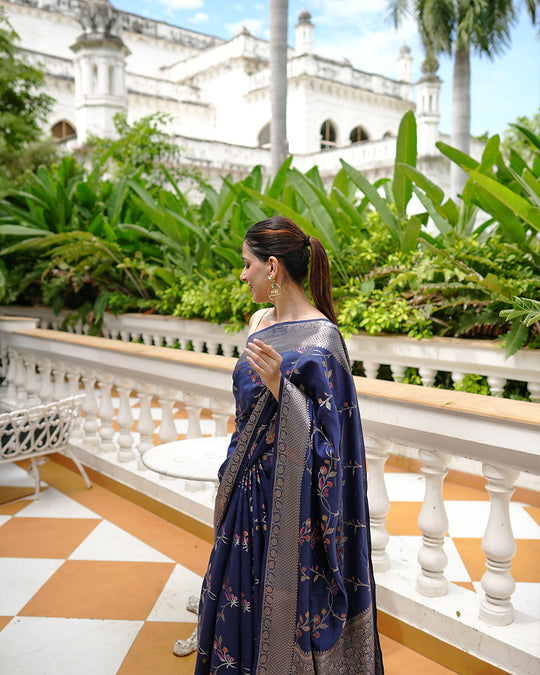 Blue Pure Banarasi Saree with Intricate Multicolored Floral Vine Weaves