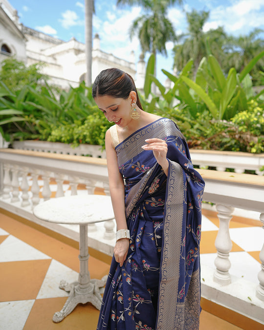Blue Pure Banarasi Saree with Intricate Multicolored Floral Vine Weaves