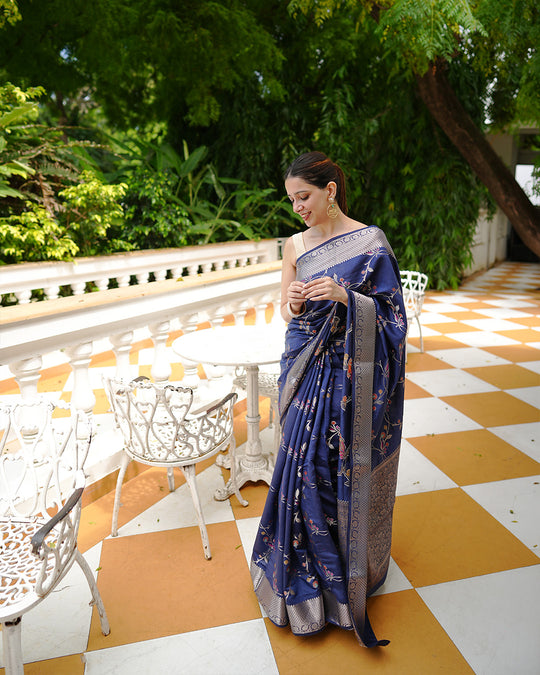 Blue Pure Banarasi Saree with Intricate Multicolored Floral Vine Weaves