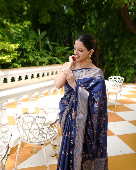 Blue Pure Banarasi Saree with Intricate Multicolored Floral Vine Weaves