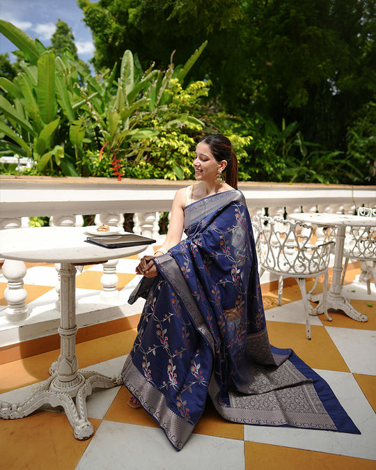 Blue Pure Banarasi Saree with Intricate Multicolored Floral Vine Weaves