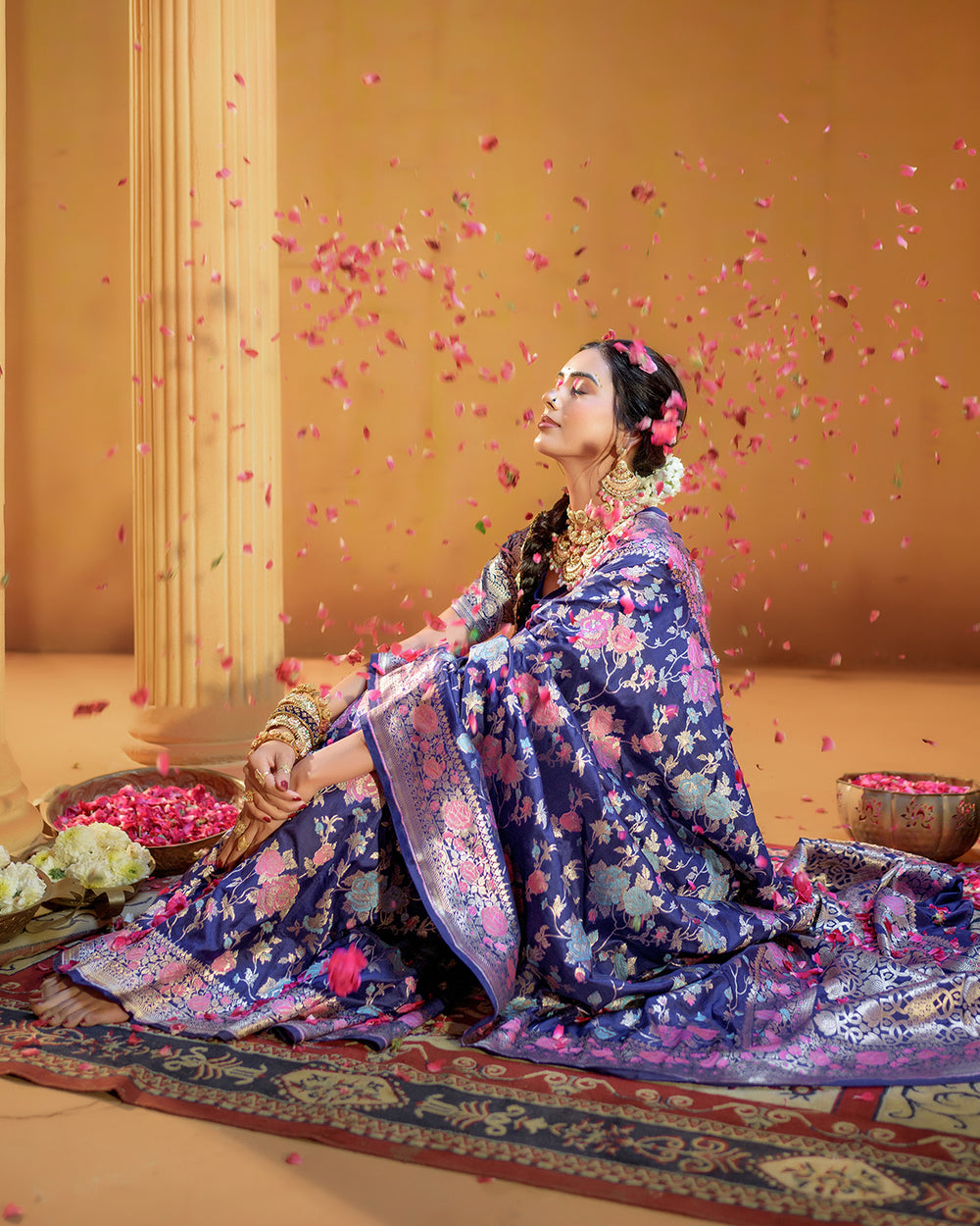 'Masterpiece' Royal Blue Pure Katan Saree with Legacy Floral Craftsmanship