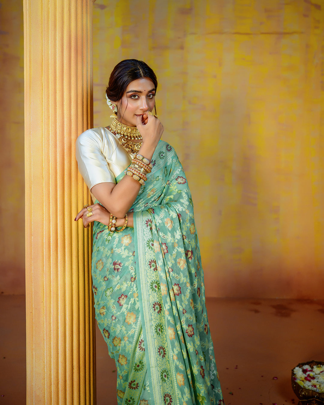 Soft Bloom Green Pure Chiffon Saree with Royal Woven Floral Patterns