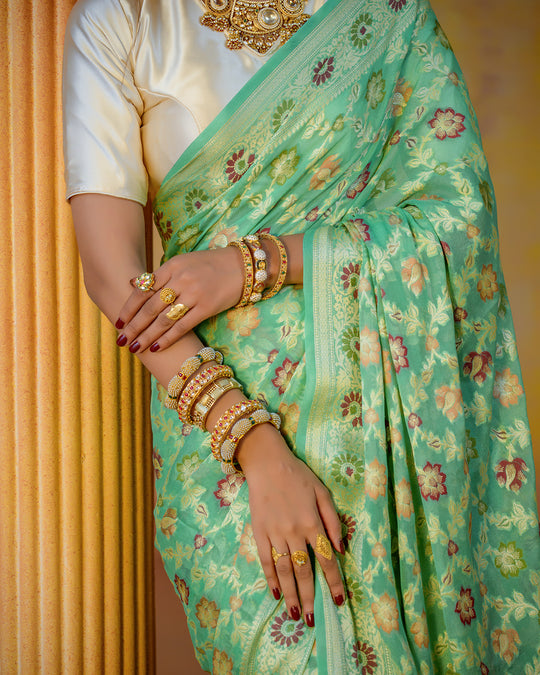 Soft Bloom Green Pure Chiffon Saree with Royal Woven Floral Patterns