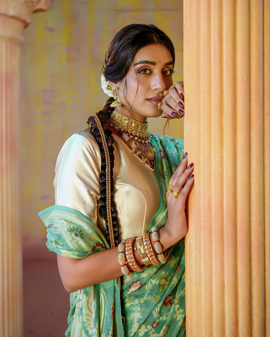 Soft Bloom Green Pure Chiffon Saree with Royal Woven Floral Patterns