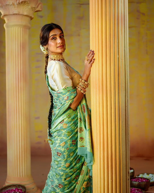 Soft Bloom Green Pure Chiffon Saree with Royal Woven Floral Patterns