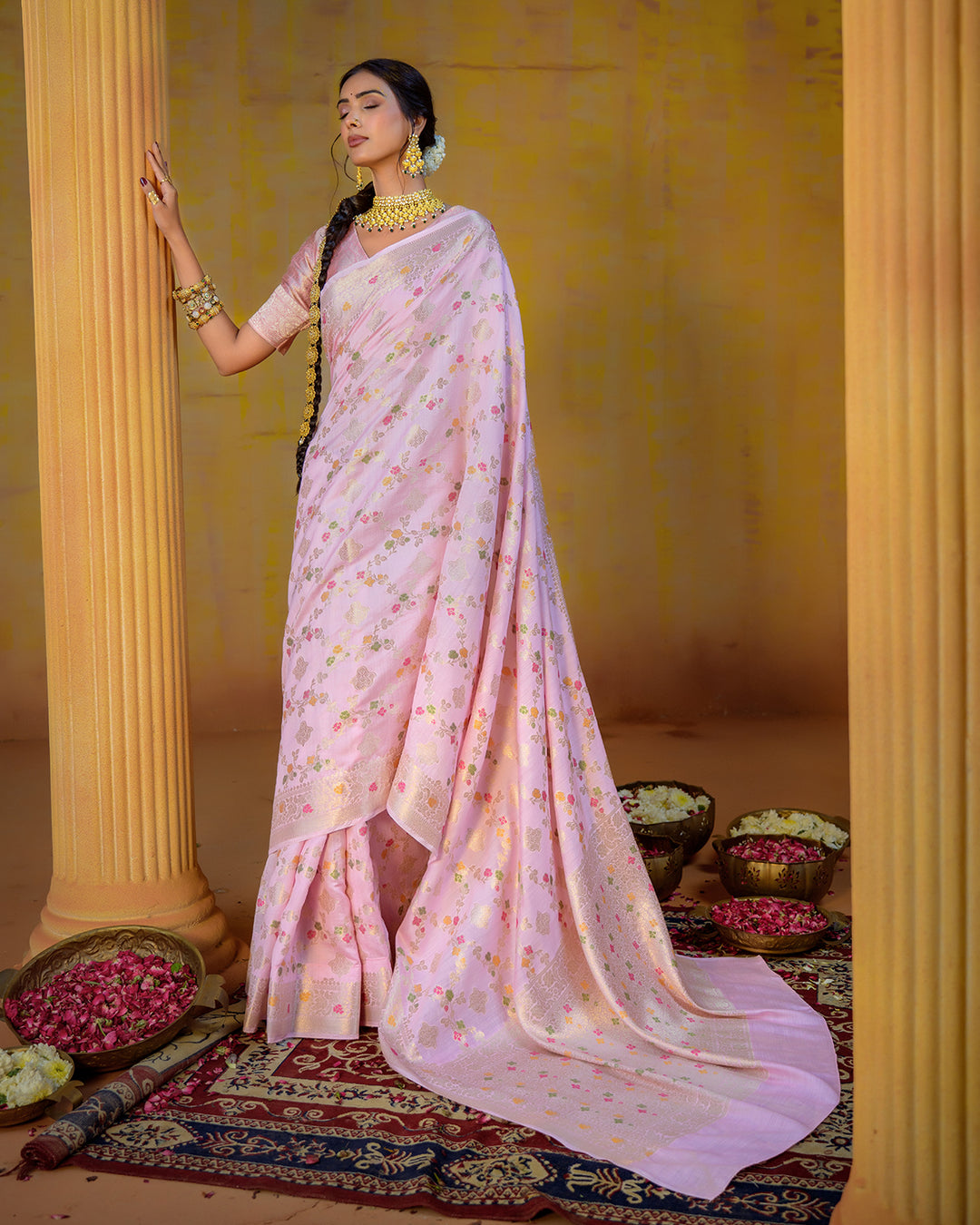 Pastel Pink Pure Banarasi Saree with Timeless Floral Elegance Golden Highlights