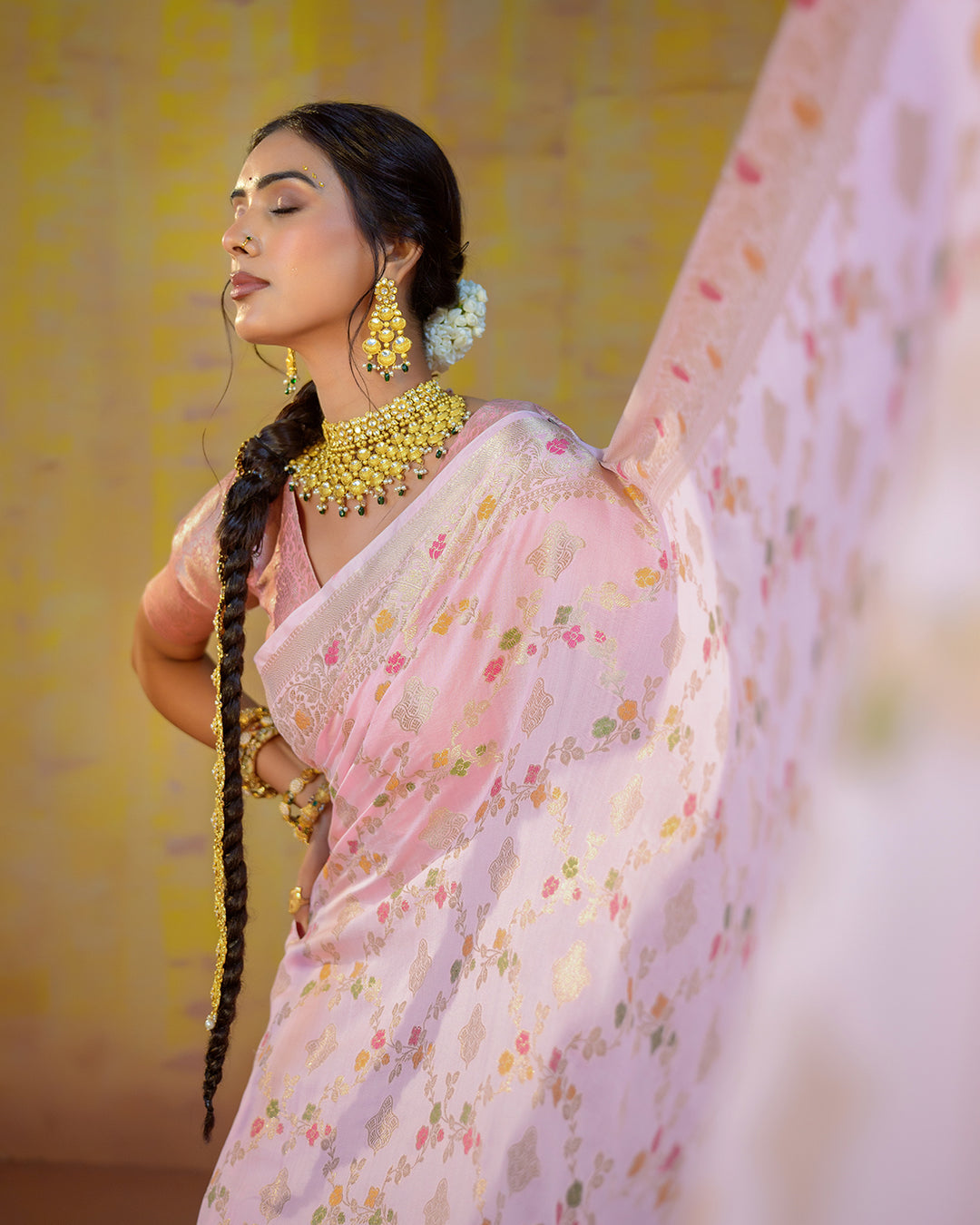 Pastel Pink Pure Banarasi Saree with Timeless Floral Elegance Golden Highlights