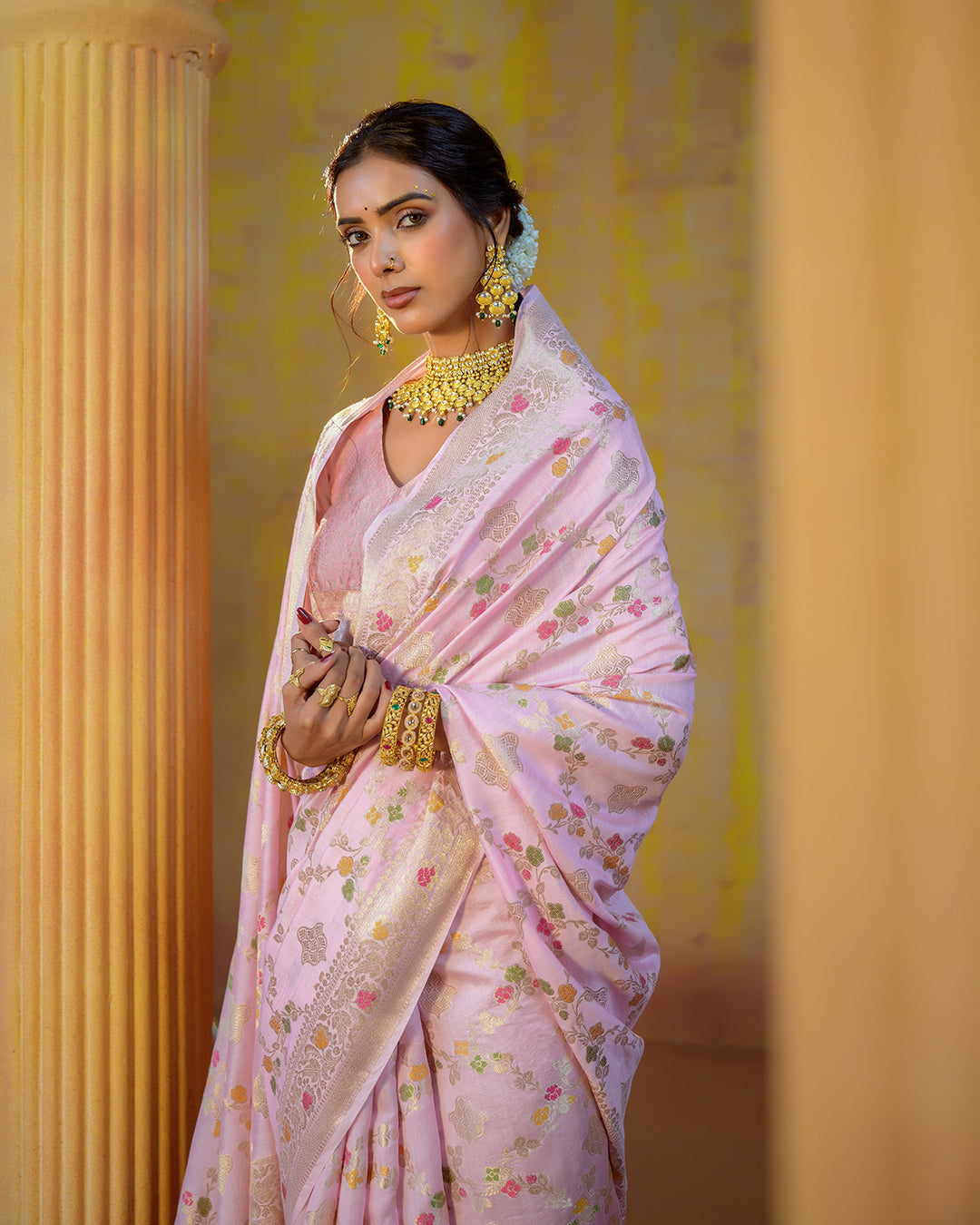 Pastel Pink Pure Banarasi Saree with Timeless Floral Elegance Golden Highlights