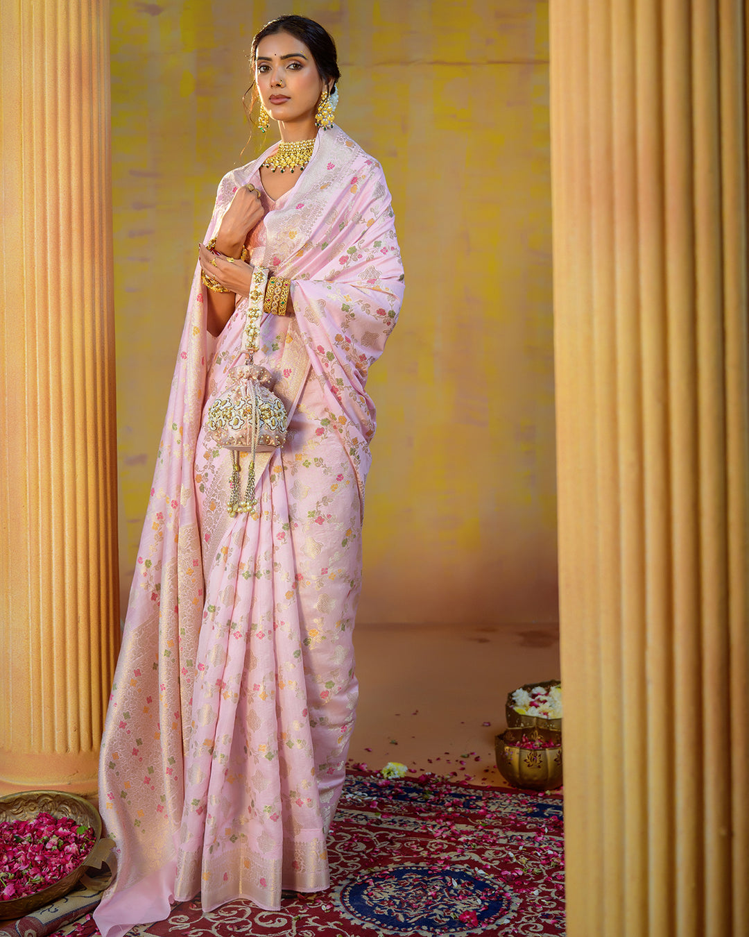 Pastel Pink Pure Banarasi Saree with Timeless Floral Elegance Golden Highlights