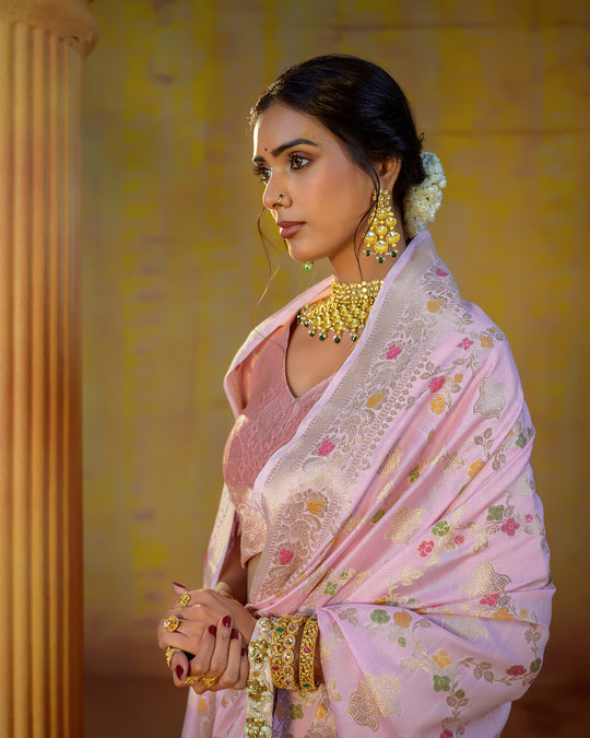 Pastel Pink Pure Banarasi Saree with Timeless Floral Elegance Golden Highlights