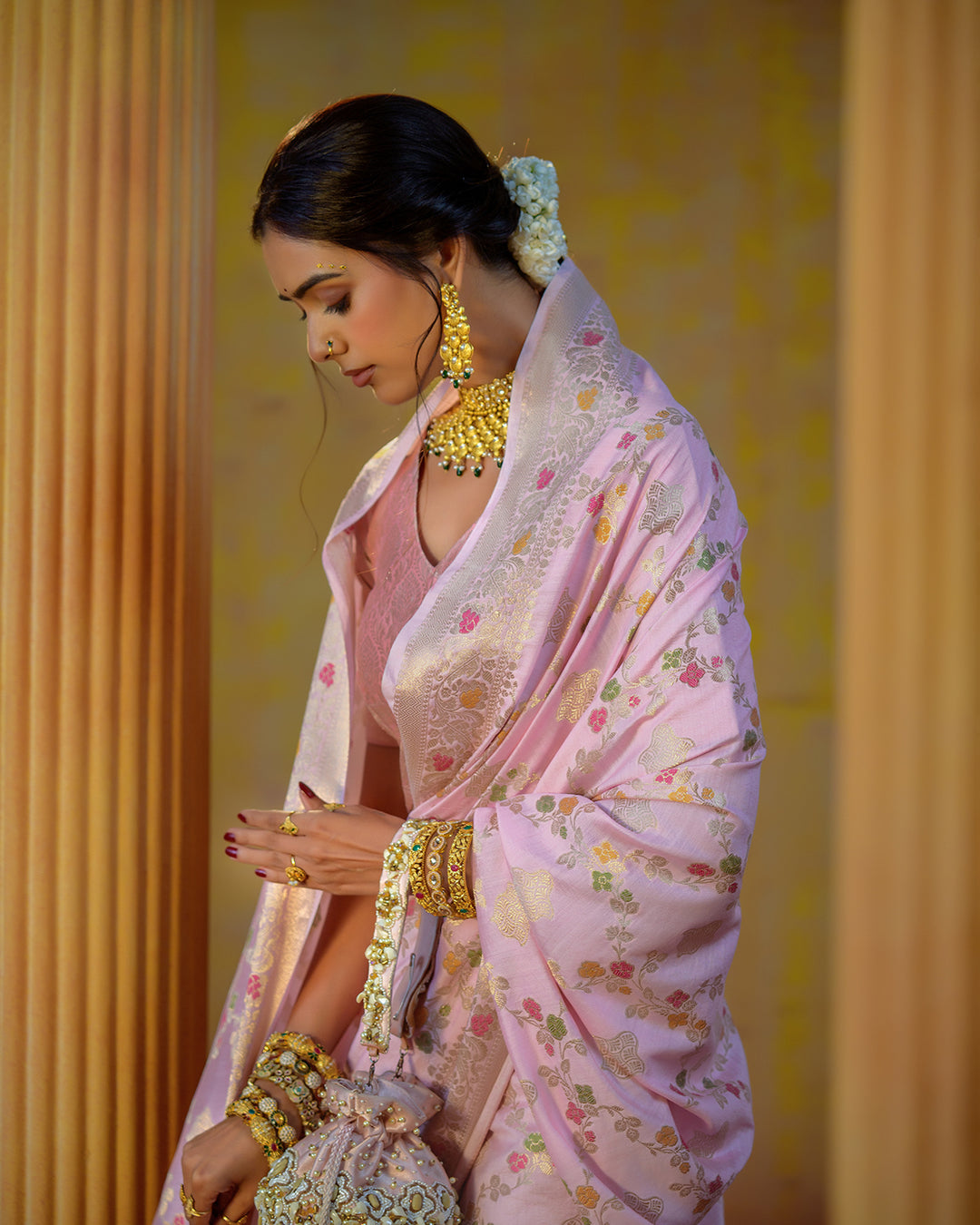 Pastel Pink Pure Banarasi Saree with Timeless Floral Elegance Golden Highlights