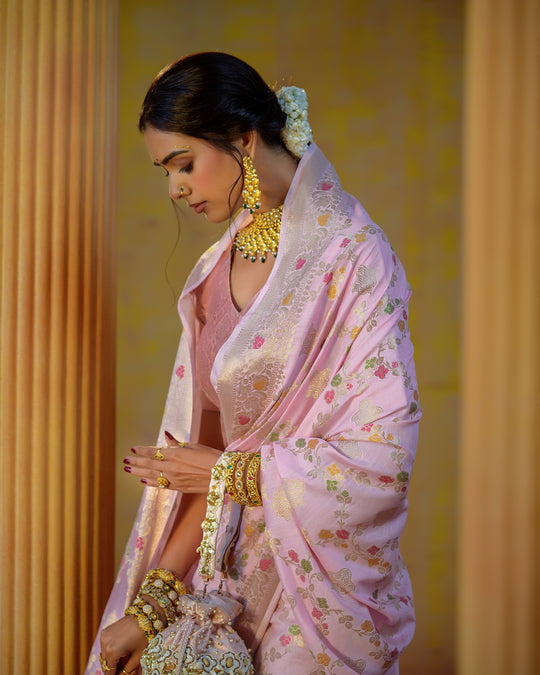 Pastel Pink Pure Banarasi Saree with Timeless Floral Elegance Golden Highlights