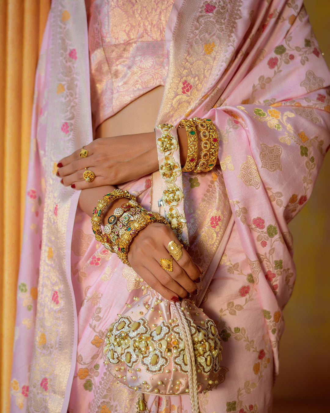 Pastel Pink Pure Banarasi Saree with Timeless Floral Elegance Golden Highlights