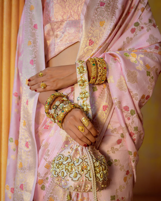 Pastel Pink Pure Banarasi Saree with Timeless Floral Elegance Golden Highlights