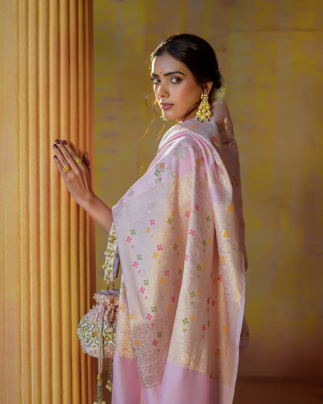 Pastel Pink Pure Banarasi Saree with Timeless Floral Elegance Golden Highlights