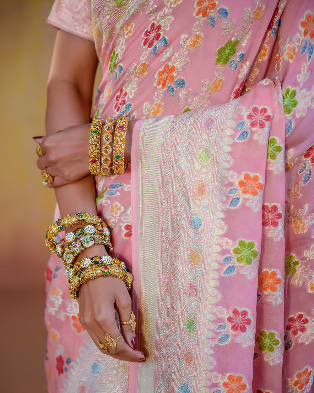 Pastel Pink Pure Khadi Georgette Saree with Multicolor Floral Jaal Weave
