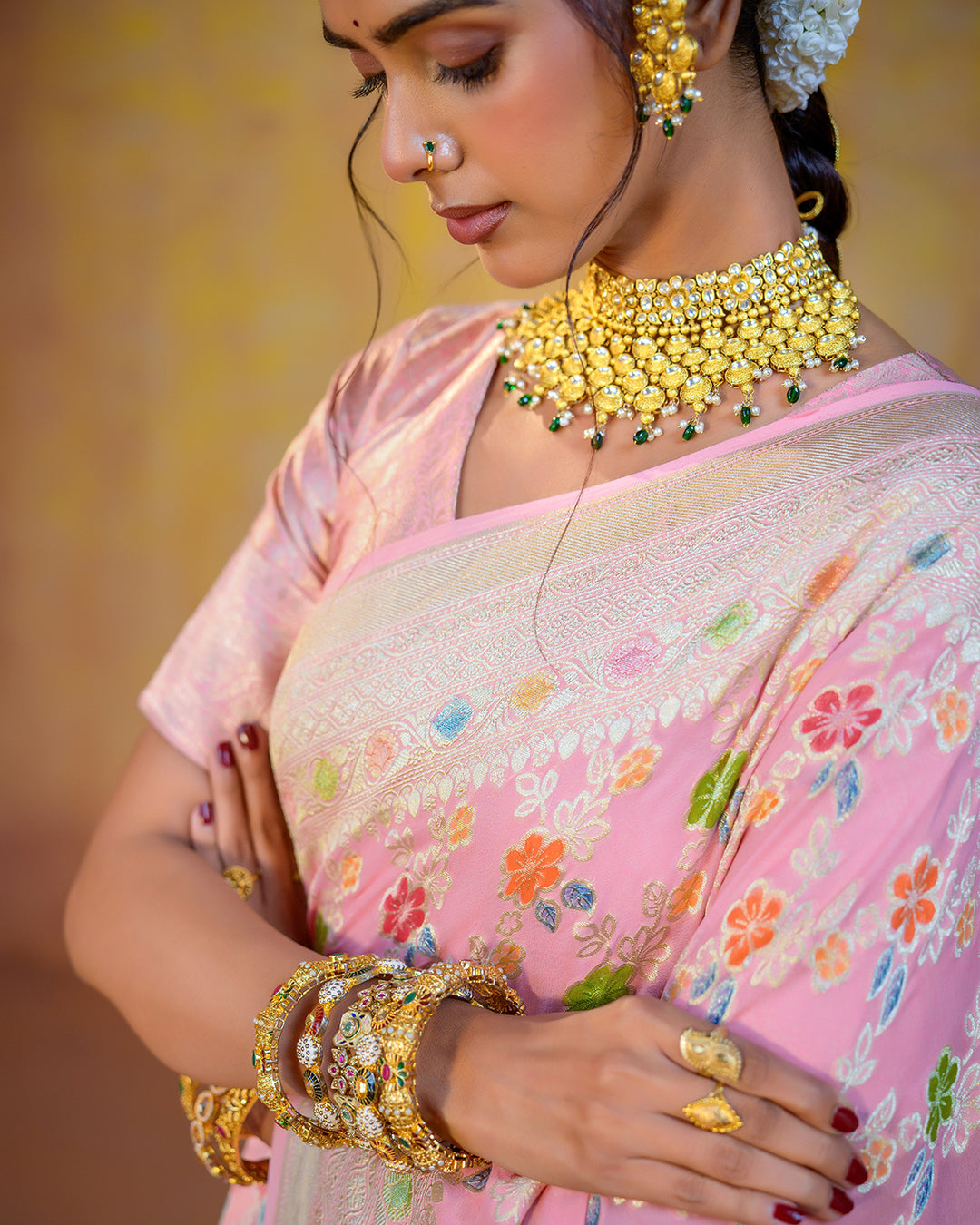 Pastel Pink Pure Khadi Georgette Saree with Multicolor Floral Jaal Weave