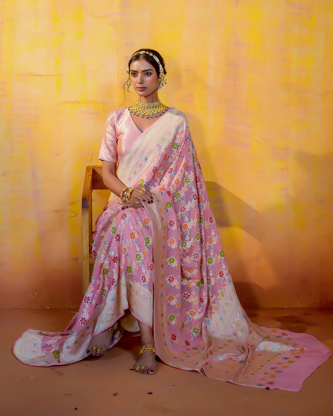 Pastel Pink Pure Khadi Georgette Saree with Multicolor Floral Jaal Weave