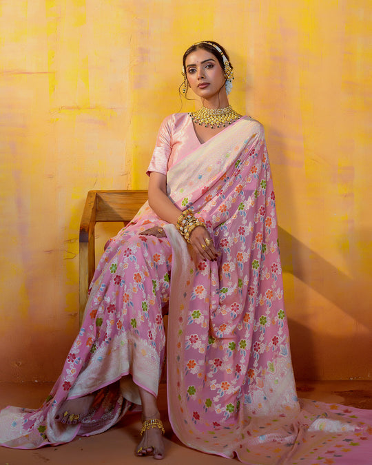 Pastel Pink Pure Khadi Georgette Saree with Multicolor Floral Jaal Weave