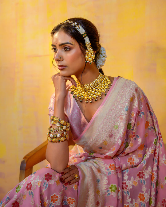 Pastel Pink Pure Khadi Georgette Saree with Multicolor Floral Jaal Weave