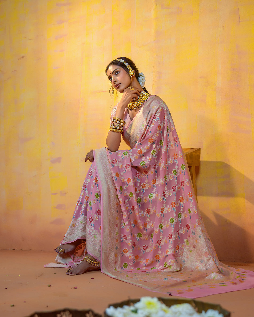 Pastel Pink Pure Khadi Georgette Saree with Multicolor Floral Jaal Weave