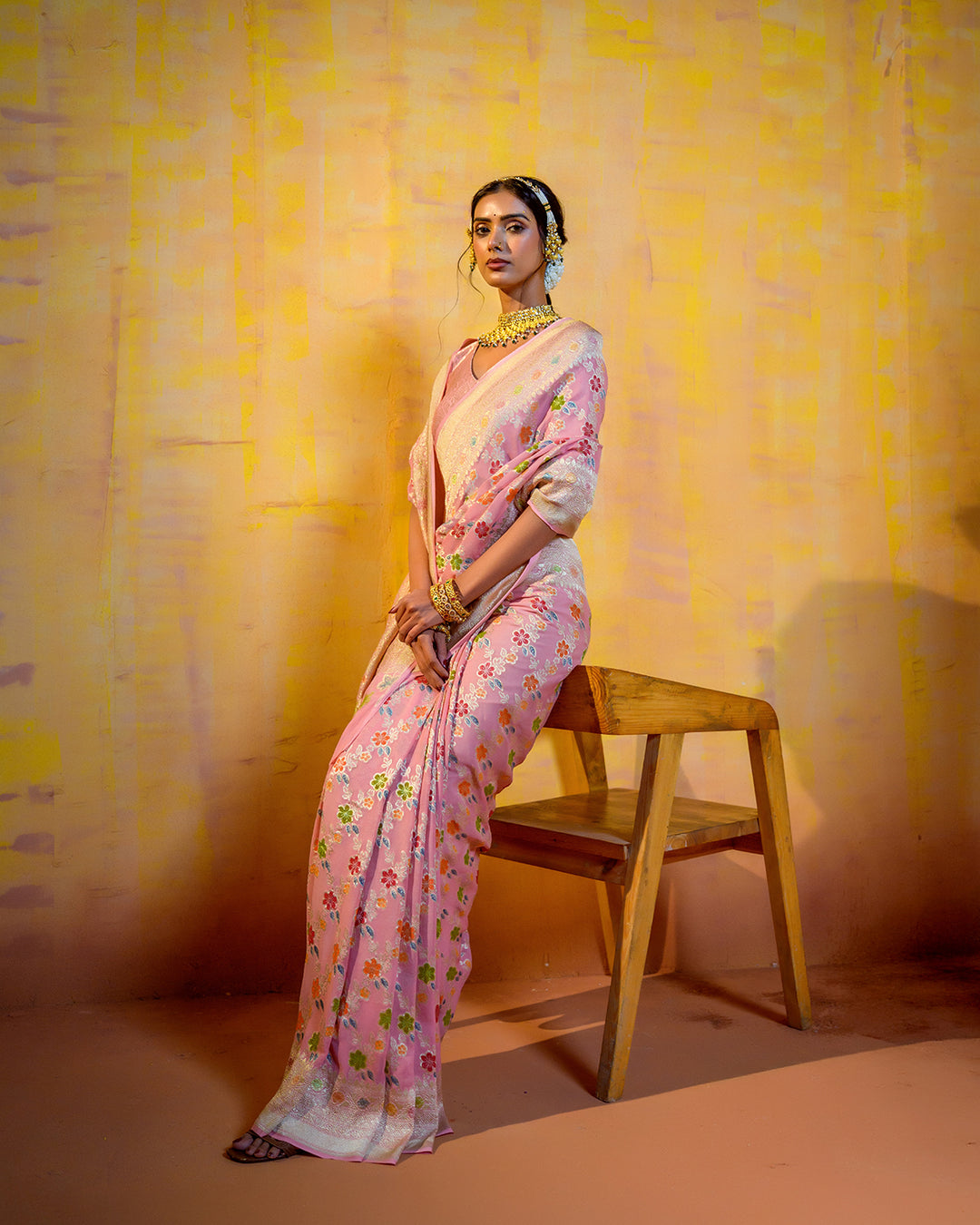 Pastel Pink Pure Khadi Georgette Saree with Multicolor Floral Jaal Weave