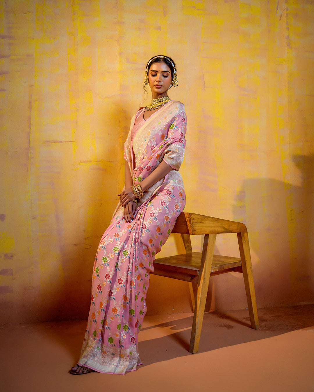 Pastel Pink Pure Khadi Georgette Saree with Multicolor Floral Jaal Weave