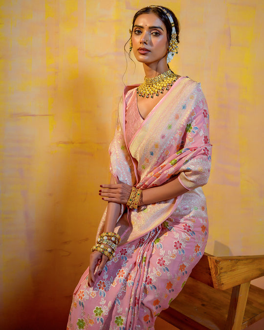 Pastel Pink Pure Khadi Georgette Saree with Multicolor Floral Jaal Weave