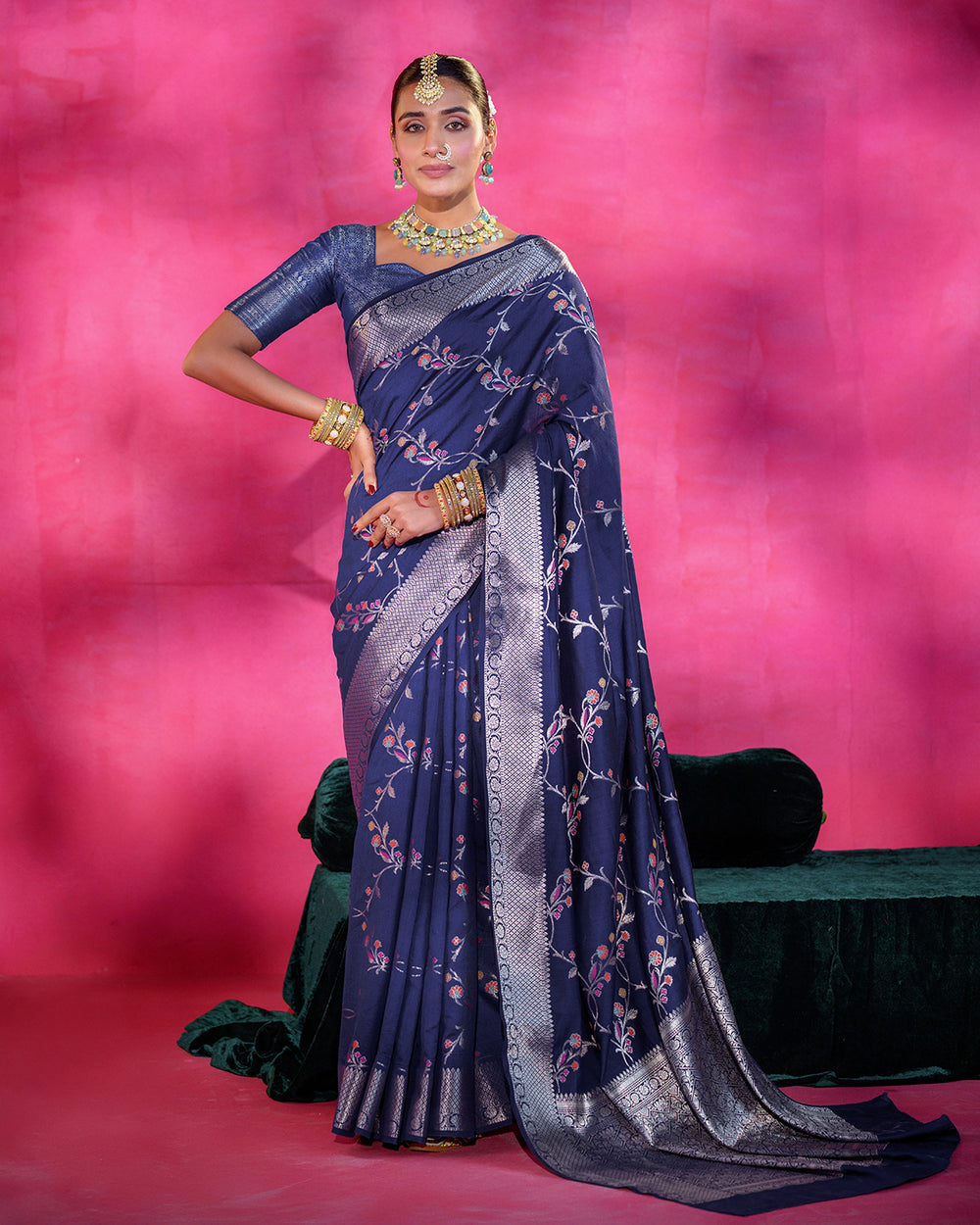 Sapphire Blue Pure Banarasi Saree with Floral Bloom and Ornate Borders