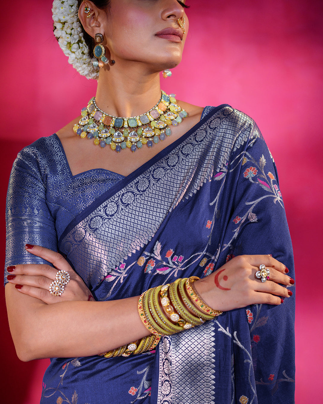 Sapphire Blue Pure Banarasi Saree with Floral Bloom and Ornate Borders