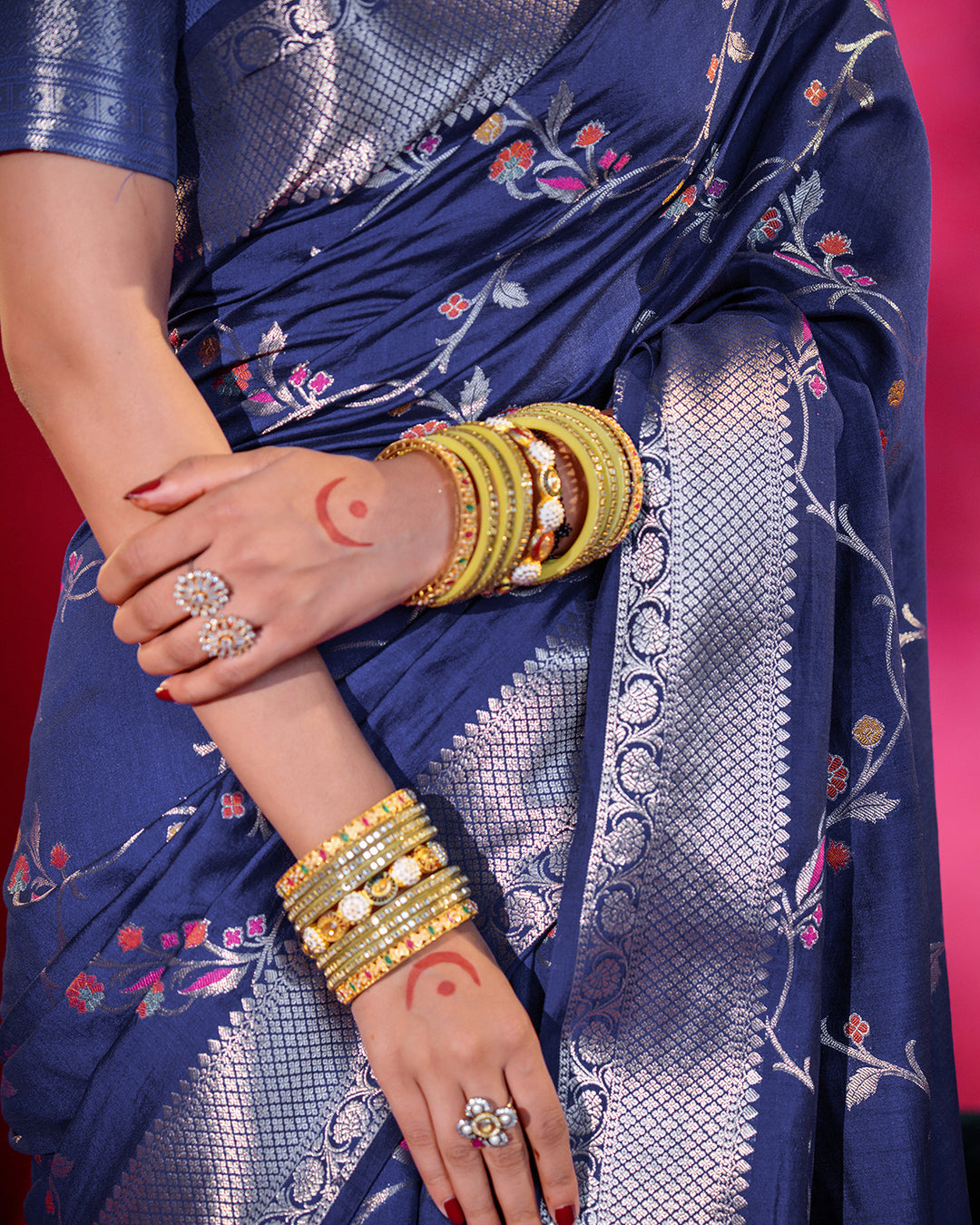 Sapphire Blue Pure Banarasi Saree with Floral Bloom and Ornate Borders