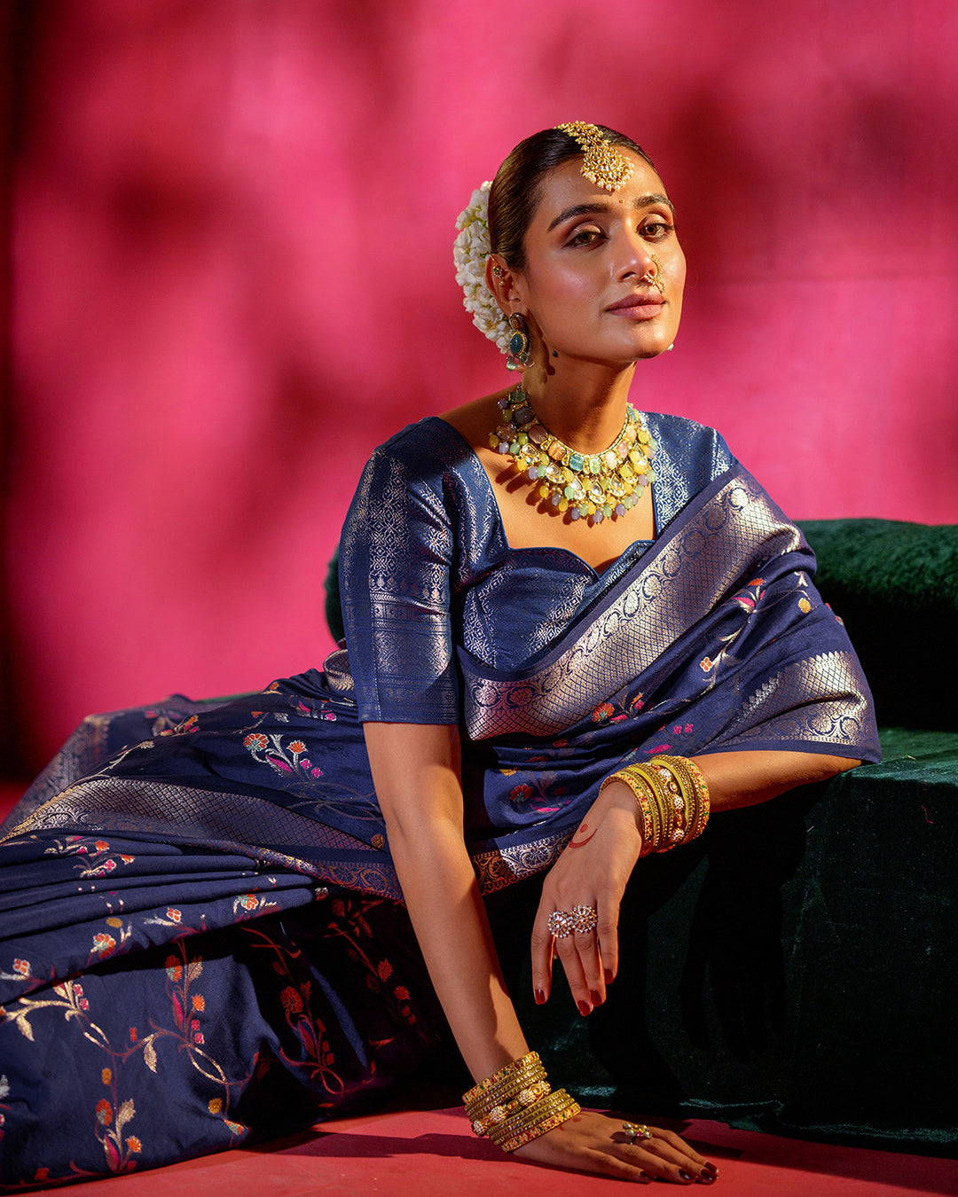 Sapphire Blue Pure Banarasi Saree with Floral Bloom and Ornate Borders