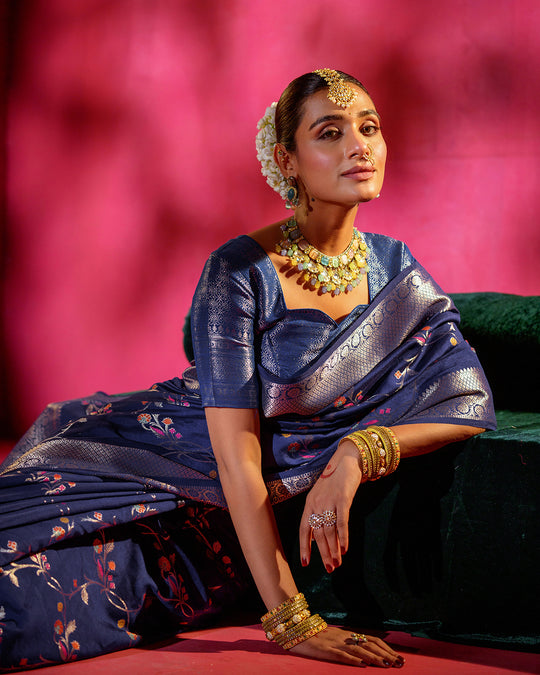 Sapphire Blue Pure Banarasi Saree with Floral Bloom and Ornate Borders