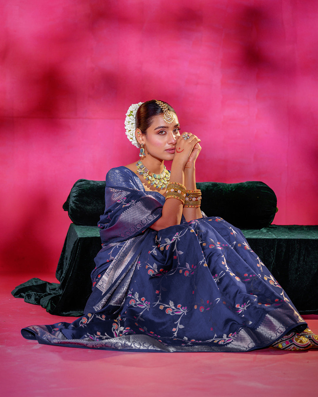 Sapphire Blue Pure Banarasi Saree with Floral Bloom and Ornate Borders