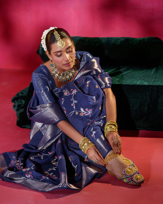 Sapphire Blue Pure Banarasi Saree with Floral Bloom and Ornate Borders