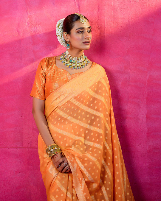 Saffron Pure Chiffon Saree with Mandarin Hues and Heritage Weaving Patterns