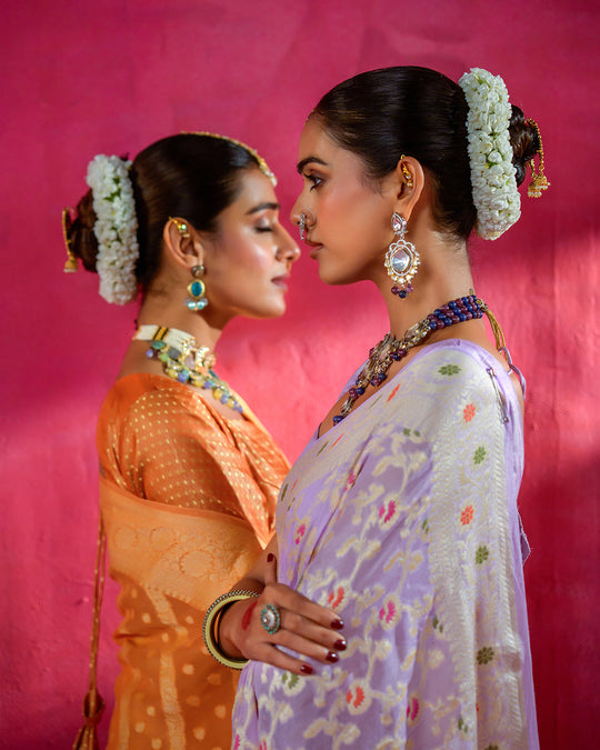 Saffron Pure Chiffon Saree with Mandarin Hues and Heritage Weaving Patterns