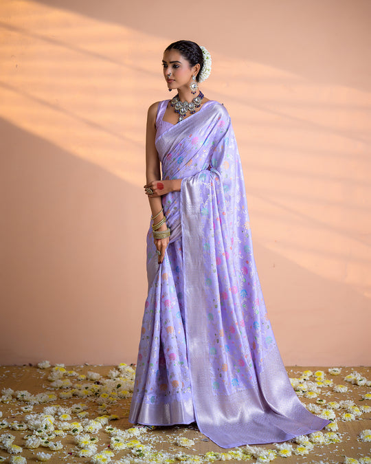 Lavender Pure Banarasi Saree with Multicolor Meenakari Floral Jaal