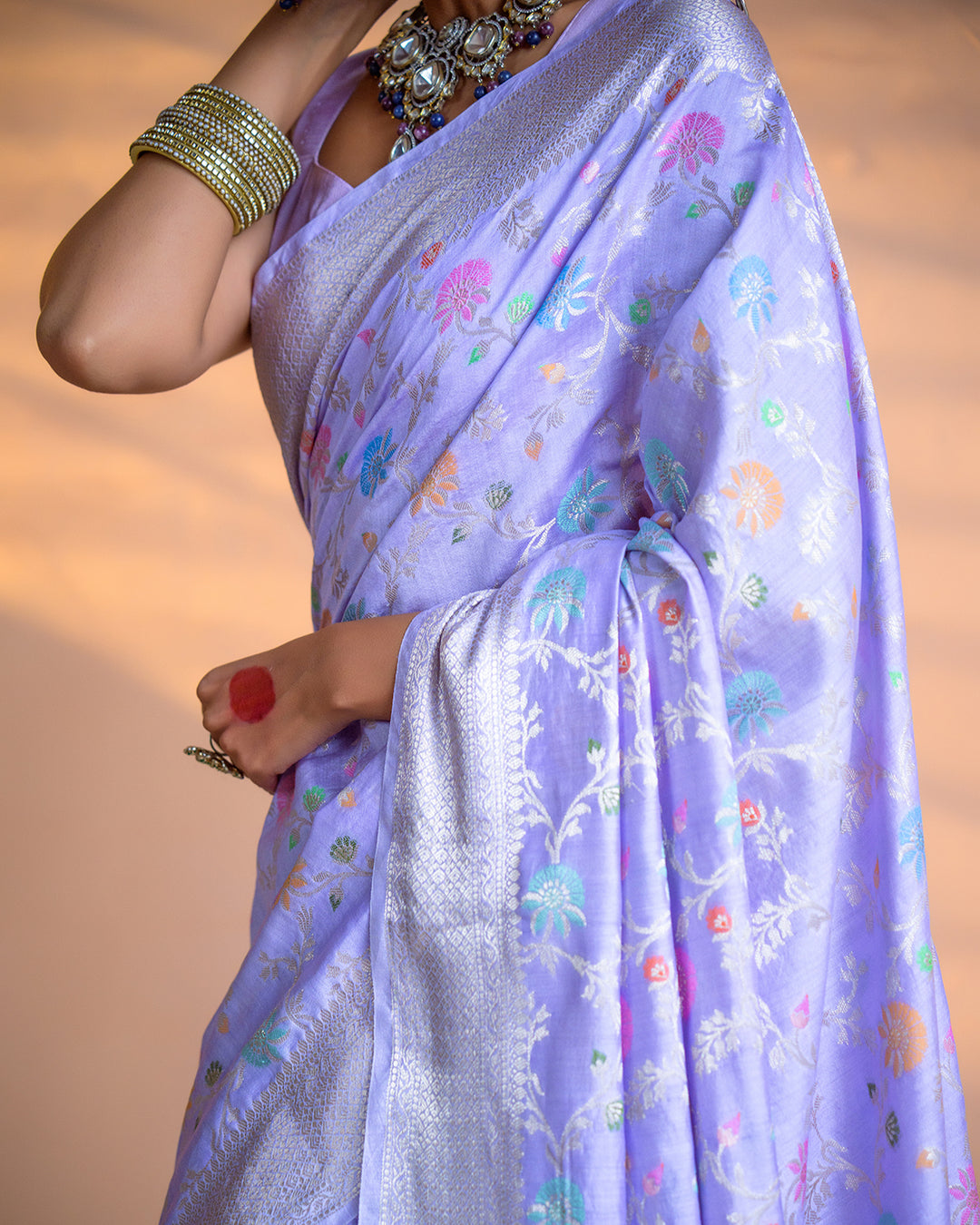 Lavender Pure Banarasi Saree with Multicolor Meenakari Floral Jaal
