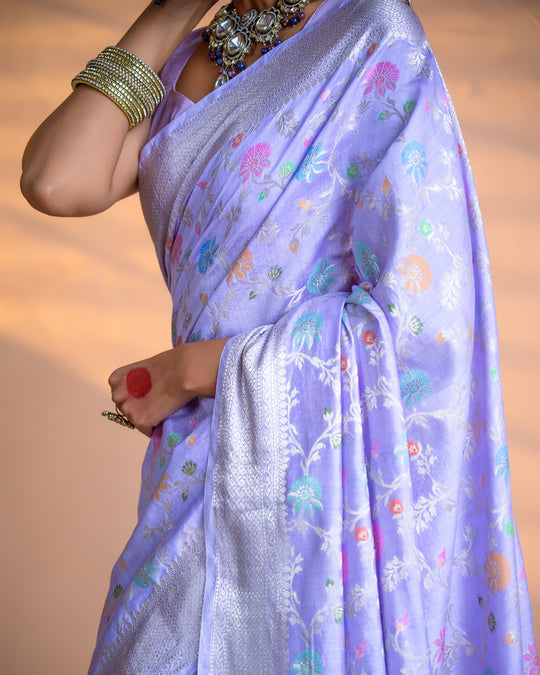 Lavender Pure Banarasi Saree with Multicolor Meenakari Floral Jaal