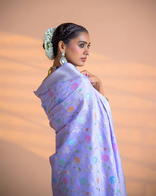Lavender Pure Banarasi Saree with Multicolor Meenakari Floral Jaal
