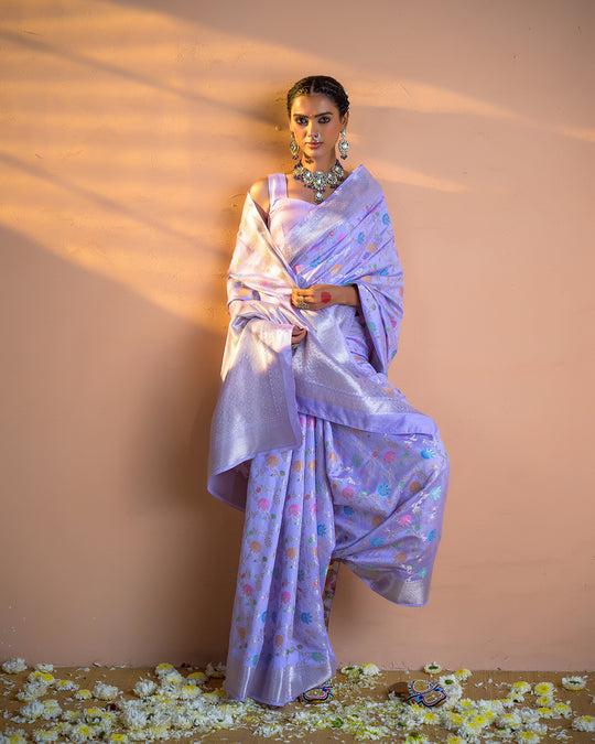 Lavender Pure Banarasi Saree with Multicolor Meenakari Floral Jaal